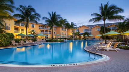 Serene Resort Pool with Lounge Chairs and Tropical Palm Trees at Dusk