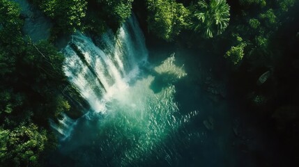 Obraz premium Aerial view of a serene waterfall in lush forest.