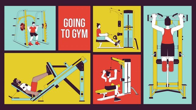 Men gym sports training animated bento grid layout. Weights lifting, pullups. Bodybuilding muscles. Exercise male 2D animation flat cartoon ui collage design. 4K video motion graphic collection