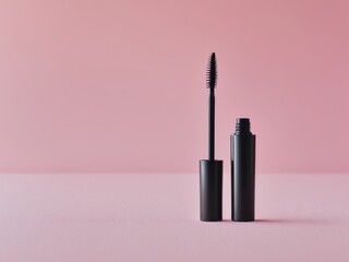 Obraz premium Black mascara tube and brush on a pink background for beauty and cosmetics product advertising and promotional purposes.