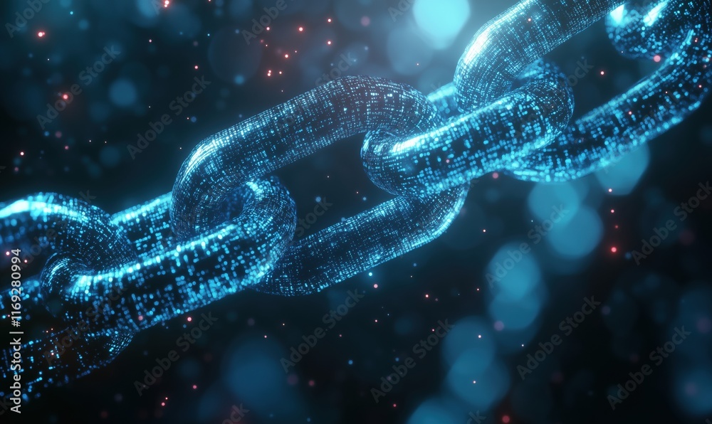 Poster Digital chain link representing blockchain technology, glowing blue with binary code, abstract background with bokeh effect