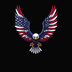 A bald eagle with wings displaying the American flag is depicted in mid-flight, symbolizing national pride and freedom.