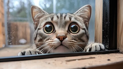 Obraz premium A cat with a curious expression, peering out of a window with wide eyes and perked ears, trying to make sense of something outside, showcasing curiosity and attentiveness