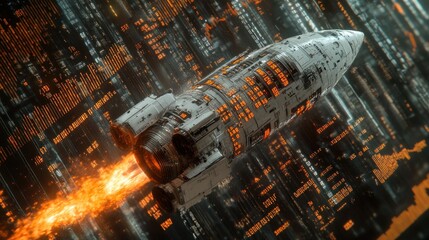 Futuristic rocket launching through digital space.