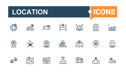 Location minimal icon set. Related to marker, distance, compass, road, street, pointer, address, navigator. Thin linear style icons. Outline and solid pictogram.