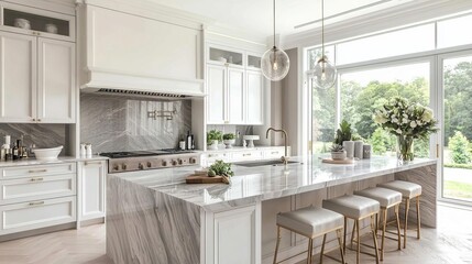 Waterfall countertops kitchen interior design concept. Modern kitchen with marble island and large windows overlooking nature.