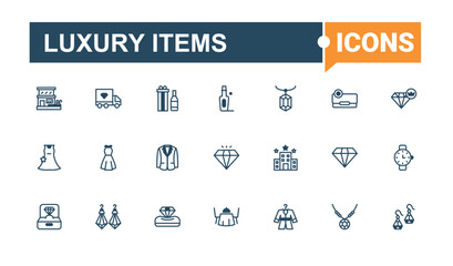 Luxury Items lined icons set. It contains symbols to good, perfume, beauty, element, vintage, car, retail and more. Simple line vector. Editable vector icon and illustration.