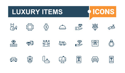 Luxury Items lined icons set. It contains symbols to good, perfume, beauty, element, vintage, car, retail and more. Simple line vector. Editable vector icon and illustration.