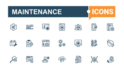 Maintenance icon set. Containing engineer, industrial, electrical, dust, cleaning, tool, scrubbing and more. Web icons. Vector line and solid icons.