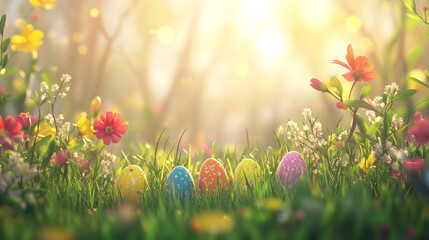 A whimsical background of vibrant spring flowers in full bloom, colorful Easter eggs nestled in grass soft-focus bokeh effect glowing golden light copy space blurred floral border, cheerful modern