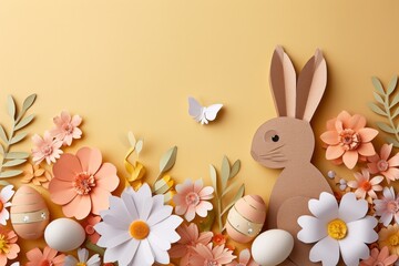 An Easter bunny and eggs cut out of colored paper with flowers. Easter celebration concept	
