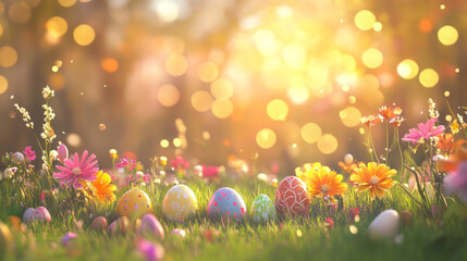 A whimsical background of vibrant spring flowers in full bloom, colorful Easter eggs nestled in grass soft-focus bokeh effect glowing golden light copy space blurred floral border, cheerful modern