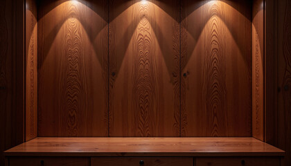 Mahogany wooden display shelf with warm spotlight lighting 