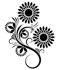 Black decorative ornament of silhouettes of flowers with many petals, swirls and leaves on white isolated background, Floral design element. 