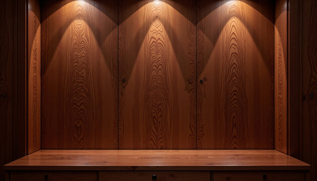 Mahogany wooden display shelf with warm spotlight lighting
