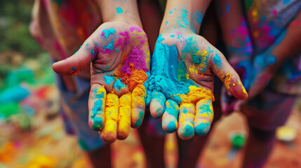 Children's hands raised up in colored powder during Holi festival in India	
