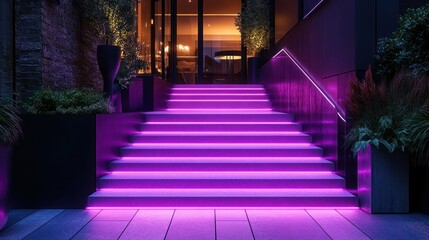 Illuminated stairway to restaurant entrance at night.