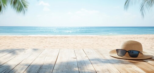 Obraz premium A serene beach scene featuring a straw hat and sunglasses on wooden planks, with calm ocean waves and clear blue skies in the background.