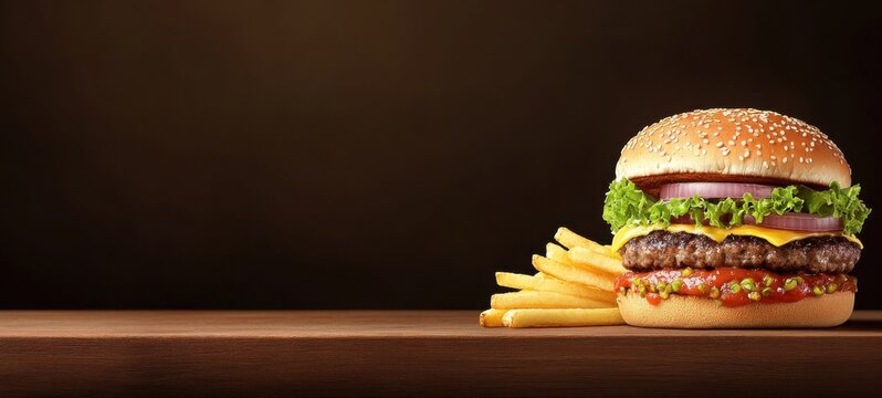 A delicious burger with lettuce, cheese, and onion, served with crispy fries against a dark background.