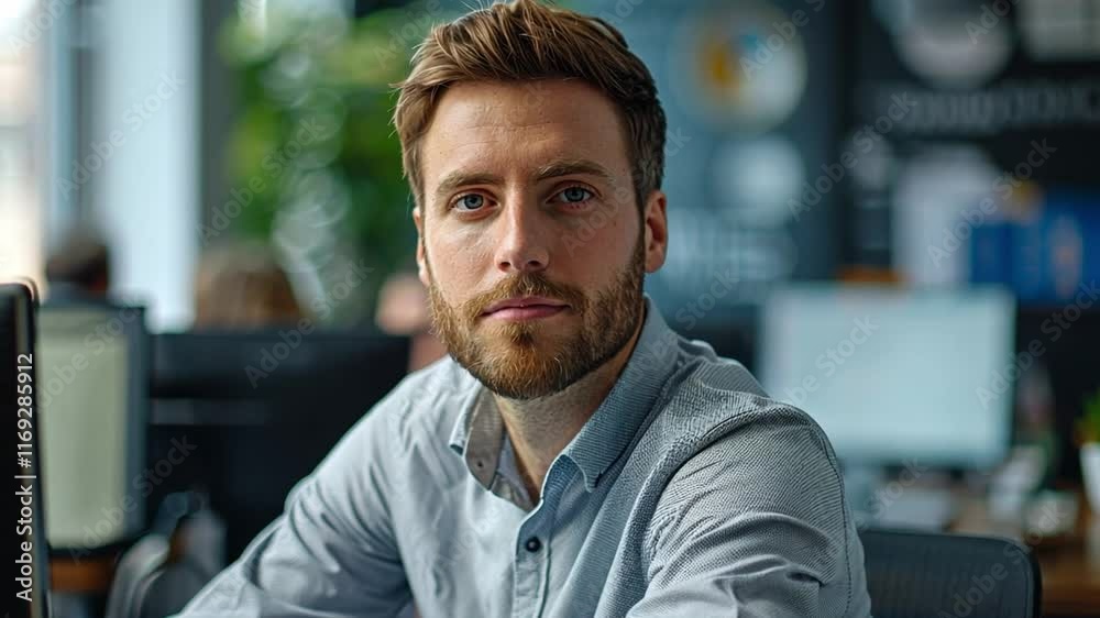 Poster A man with a beard appears engaged in his tasks at a contemporary workspace. Natural light highlights his concentration, with modern equipment in the background.