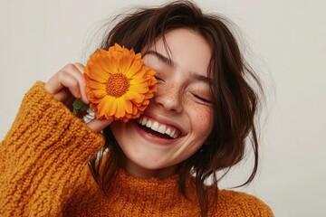 Cheerful woman holding an orange flower, playfully covering one eye while smiling with closed eyes