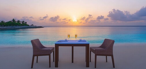 Fototapeta premium A serene beach setting with two chairs and a table facing a stunning sunset over calm waters.