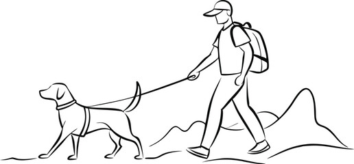 backpacker man and dog friend walking in nature together discovering lifestyle line art