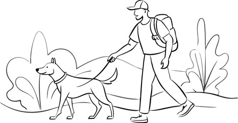 backpacker man and dog friend walking in nature together discovering lifestyle line art