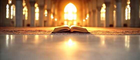 An open book rests on a floor with soft light streaming in through an archway, creating a peaceful and serene atmosphere.