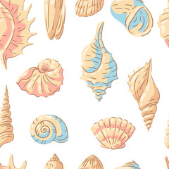 Seamless pattern with seashells. Tropical underwater mollusk shells illustration.