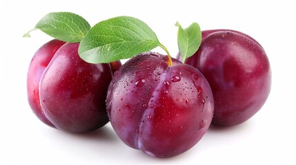 Juicy Red Plums with Fresh Green Leaves