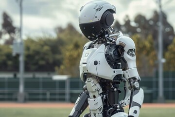 Fototapeta premium A robot is standing in a field with a white helmet on