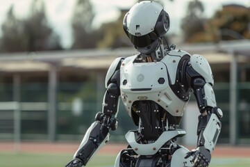 A robot is standing in a field with a white helmet on