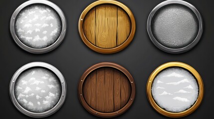 Set of round ui game frames, textured circles made of silver, gold, metal with snow, wood or stone materials Cartoon circular empty borders, isolated graphic design gui elements, Vector illustration