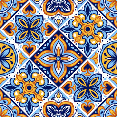 Portuguese ceramic tile pattern. Mediterranean traditional ornament. Italian or spanish majolica.