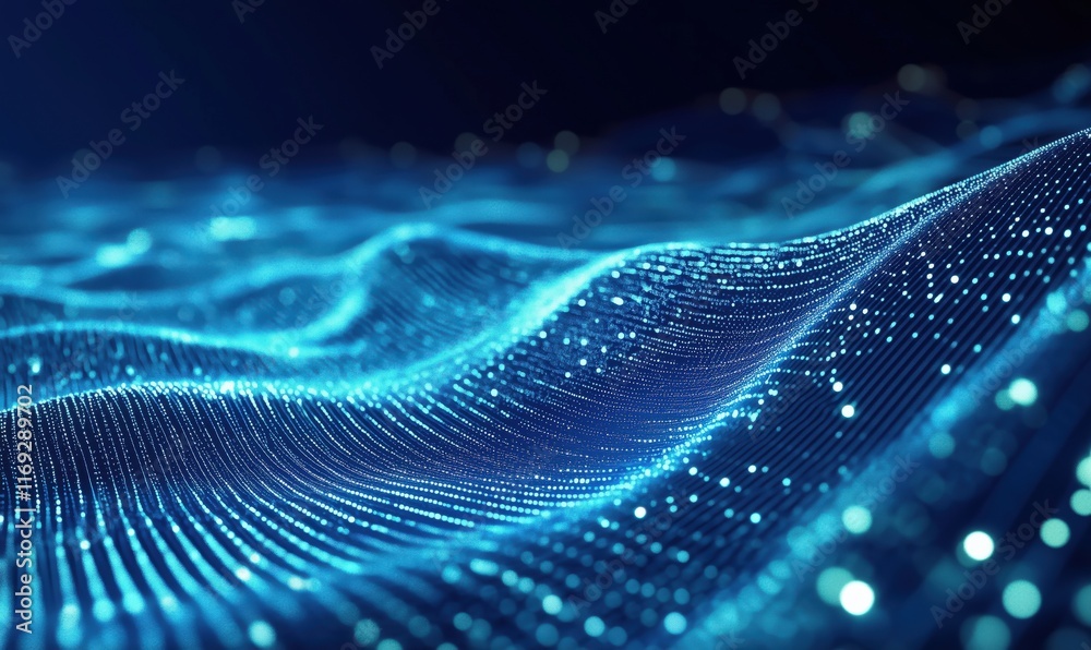 Poster digital waveform representation of data flow with glowing blue particles and lines in a futuristic e
