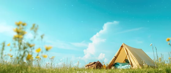 Gordijnen Camping adventure with tent in nature outdoor daylight scenic views © OHMAl2T