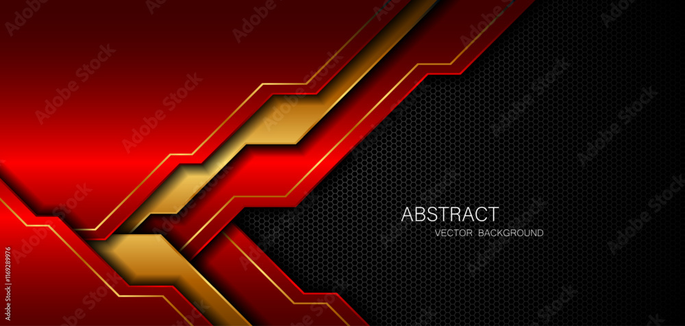 Poster abstract red and gold polygon with golden lines on dark steel mesh background with empty space for d