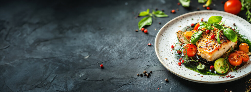 Minimalistic Food Presentation on a White Plate, dark background, white plate on a black table, food for advertising, promotion