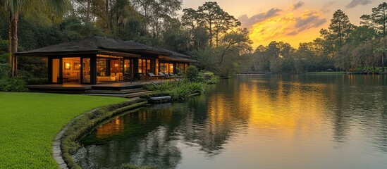 Obraz premium Lakeside modern house at sunset.