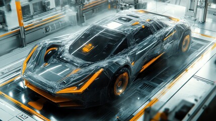 Obraz premium in the high-tech factory, robotic arms are building cars in an aerial view. The car is covered with gray plastic film and orange details.