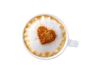 Cup of cappuccino coffee with drawn heart isolated on transparent background, top view