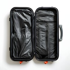 Fototapeta premium Opened Black Luggage on Empty White Background