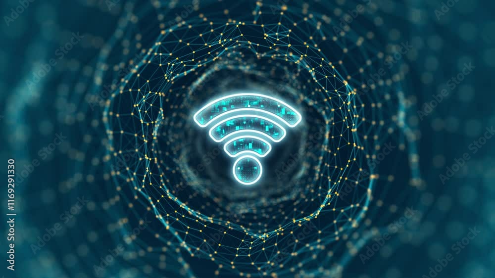 Wall mural motion graphic of blue digital wifi logo and tunnel line connection with wireless fidelity connectio