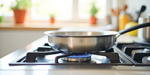 a frying pan on a gas stove