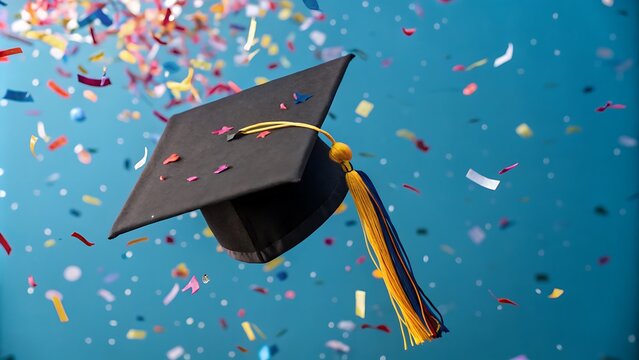 Graduation Cap and Diploma with Stars on Black Background