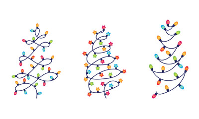 Set Christmas garland in the shape of a Christmas tree. Colored light bulbs. Decoration for the Christmas tree. Vector illustration on a white background.