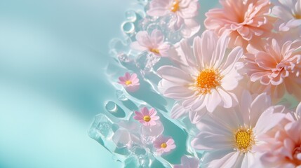 A close-up of delicate, pink daisies with bright yellow centers, contrasted against a soft blue background