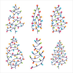 Set Christmas garland in the shape of a Christmas tree. Colored light bulbs. Decoration for the Christmas tree. Vector illustration on a white background.