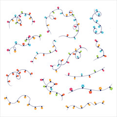 Set Christmas garland in the shape of a Christmas tree. Colored light bulbs. Decoration for the Christmas tree. Vector illustration on a white background.